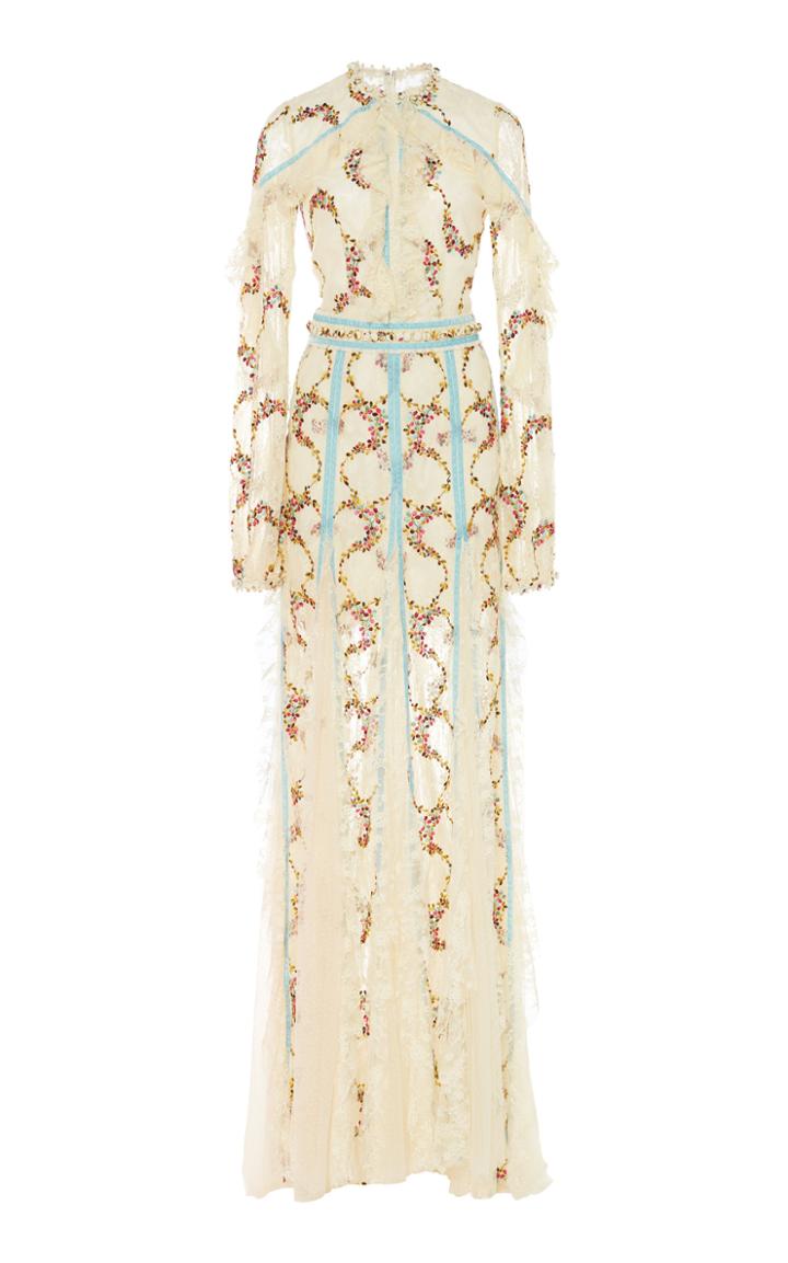 Costarellos Frilled Embroidered Lace Godet Gown
