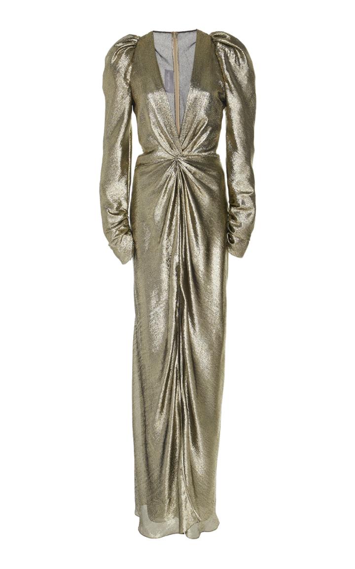 Monique Lhuillier Long Sleeve Silk Lame V-neck Gown