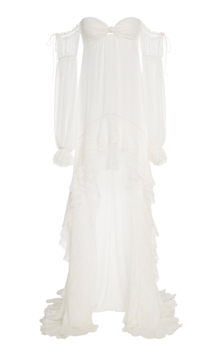 Jonathan Simkhai Embroidered Chiffon Off Shoulder Puff Sleeve Gown