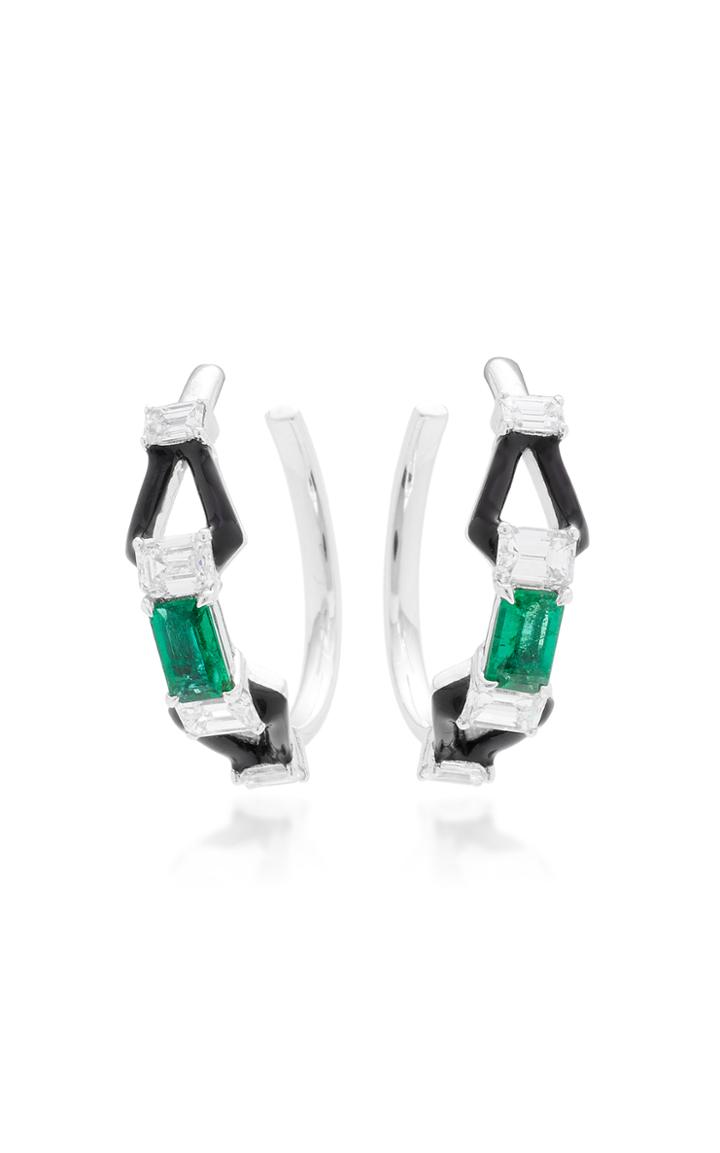 Nikos Koulis Oui Hoops Small With Emeralds White Diamond Baguettes And Black Enamel