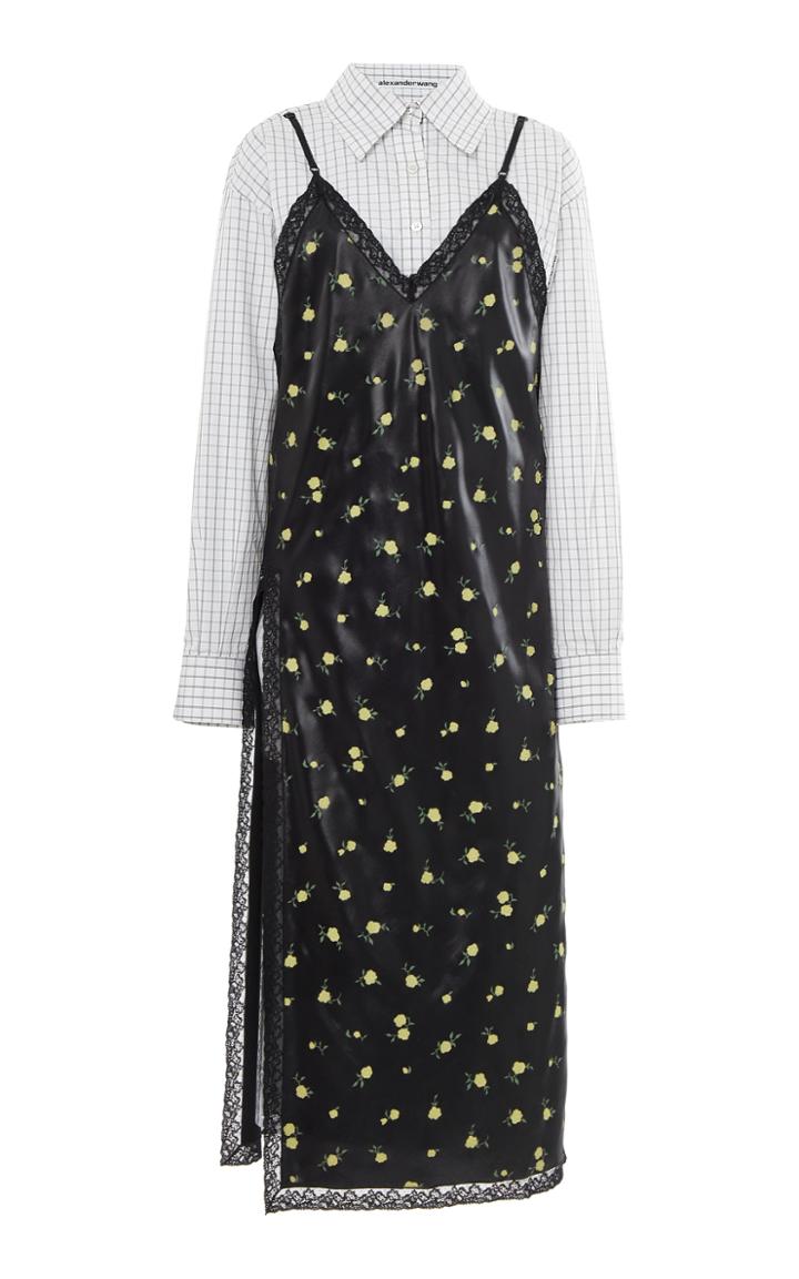 Alexander Wang Floral-print Lace-trimmed Satin And Cotton-poplin Midi Dress