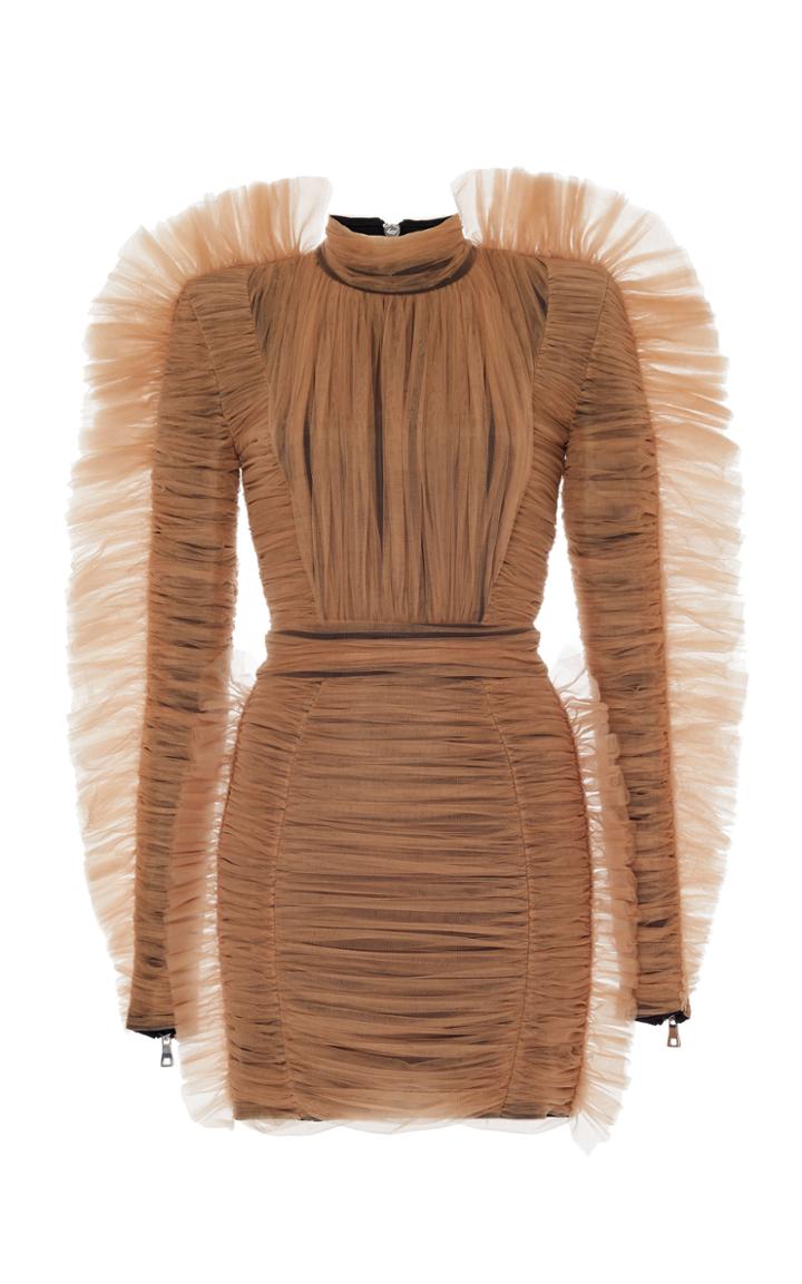 Balmain Pleated Tulle Mockneck Mini Dress