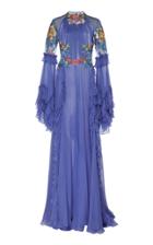 Costarellos Ruffle Embroidered Silk Chiffon Dress