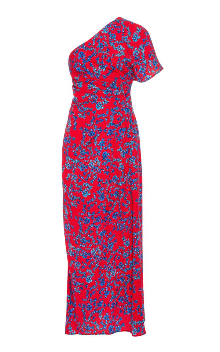 Carolina Herrera Leaf Print Asymmetrical Drape Dress