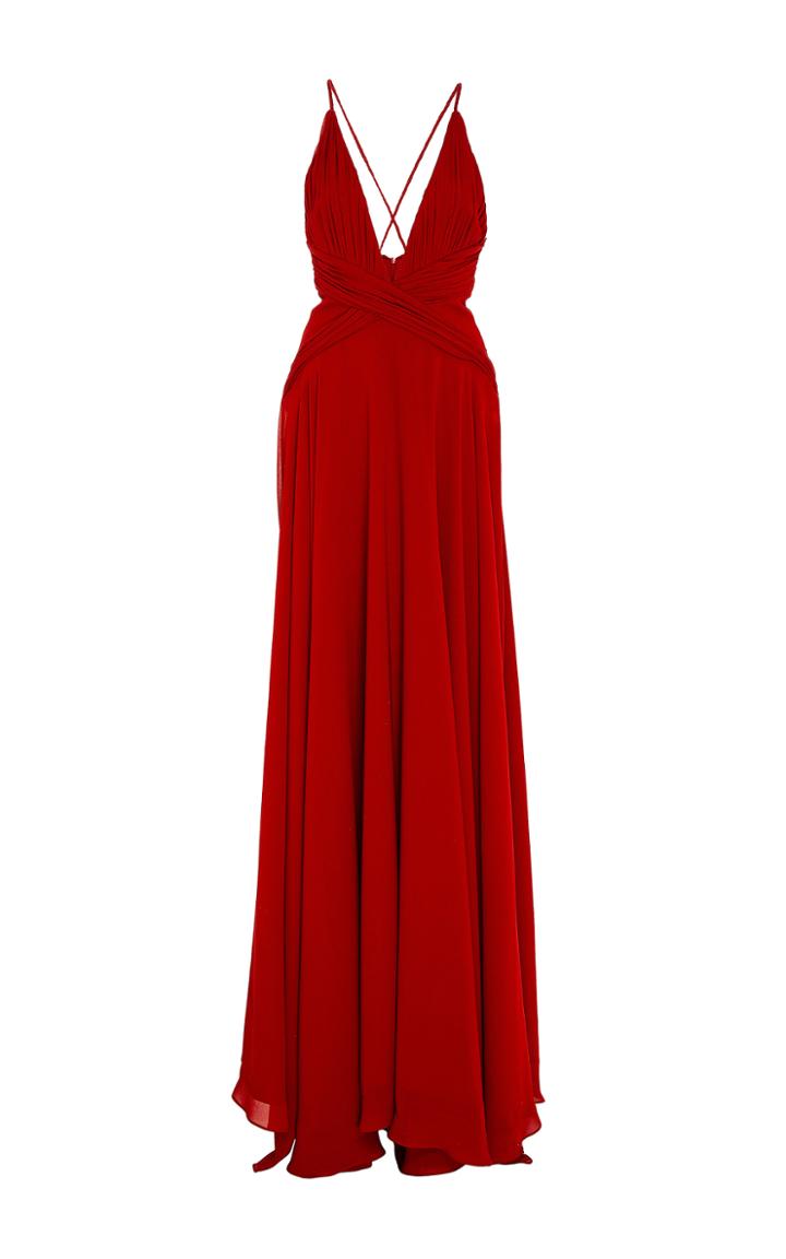 Oday Shakar Georgette Pleated Halter Gown With Braided Back