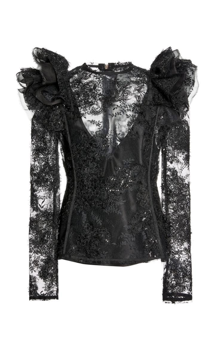 Moda Operandi Unttld Valere Ruffle-trimmed Beaded Lace Top