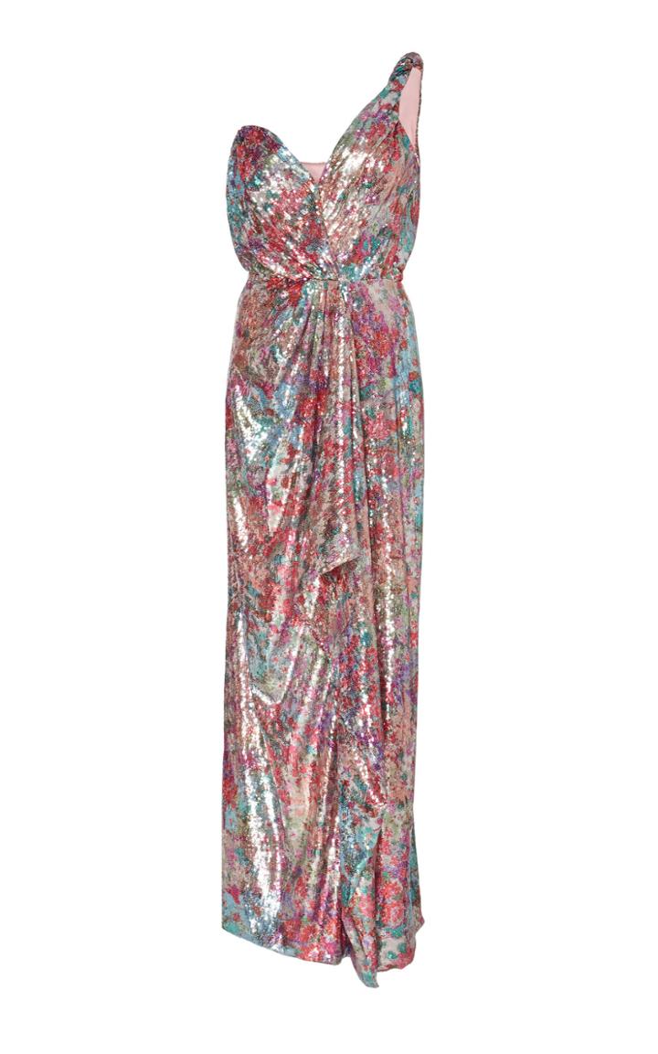 Prabal Gurung One Shoulder Floral Sequin Bow Gown