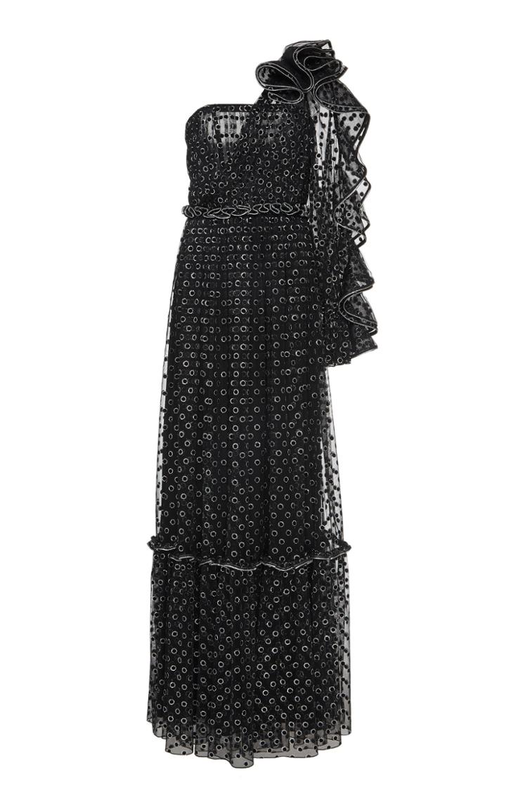 Alberta Ferretti One-shoulder Ruffle Polka Dot Tulle Gown