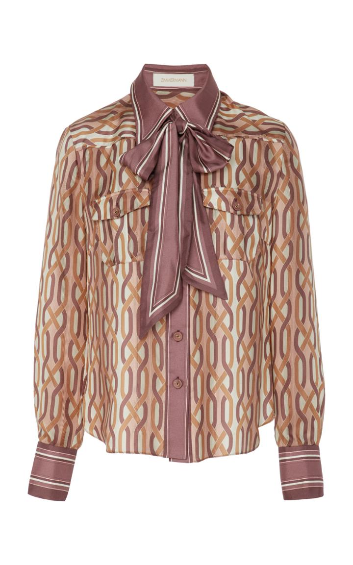Zimmermann Pussy-bow Two-tone Printed Silk Shirt Size: 0p