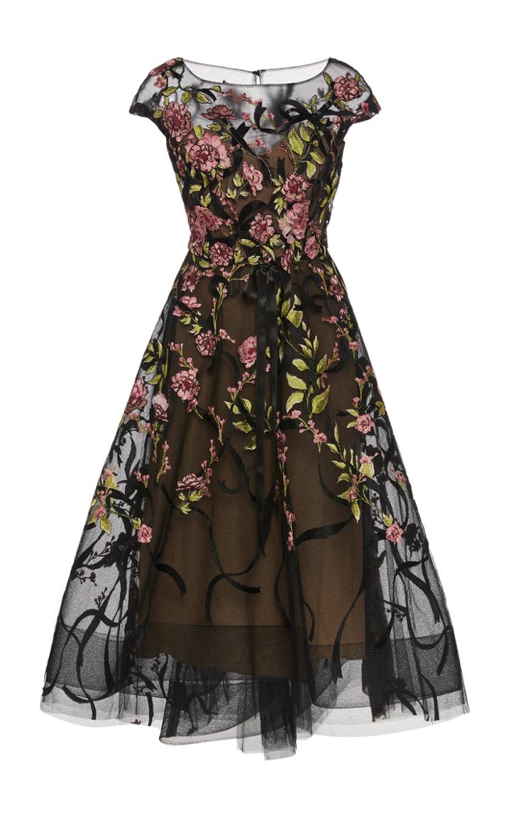 Marchesa Floral-embroidered Organza Tea-length Dress