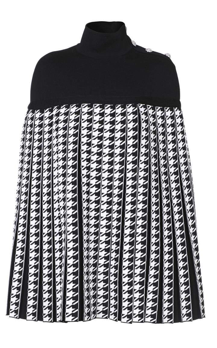 Balmain Pleated Houndstooth Cady Turtleneck Poncho
