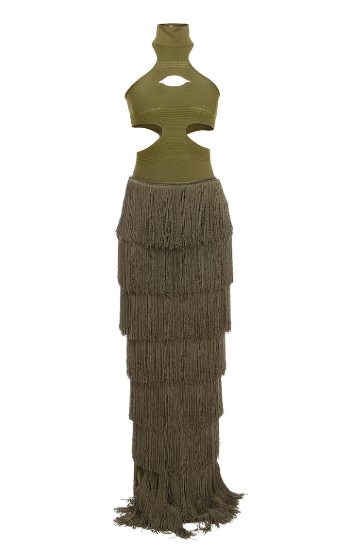 Balmain Fringed Turtleneck Crepe Gown