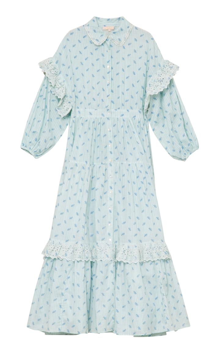Moda Operandi Bytimo Ruffled Printed Slub Cotton Maxi Shirt Dress