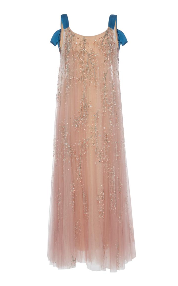 Reem Acra Teardrop Branch Embroidered Dress