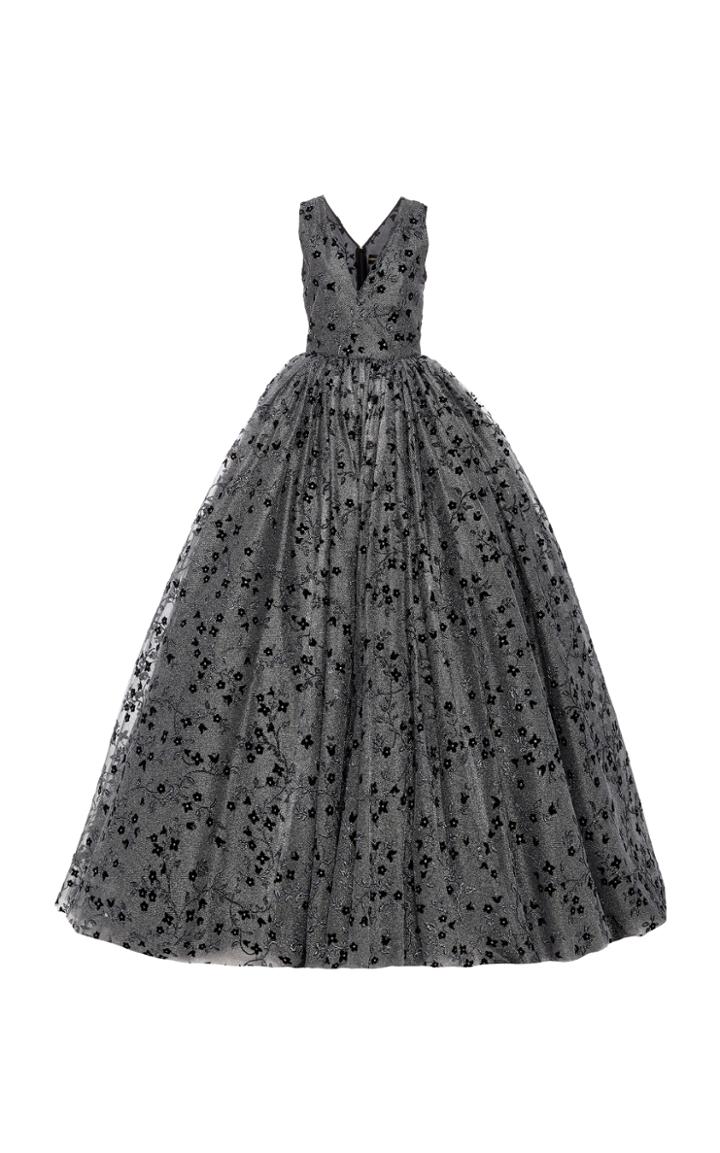 Christian Siriano Floral Metallic Tulle V-neck Gown