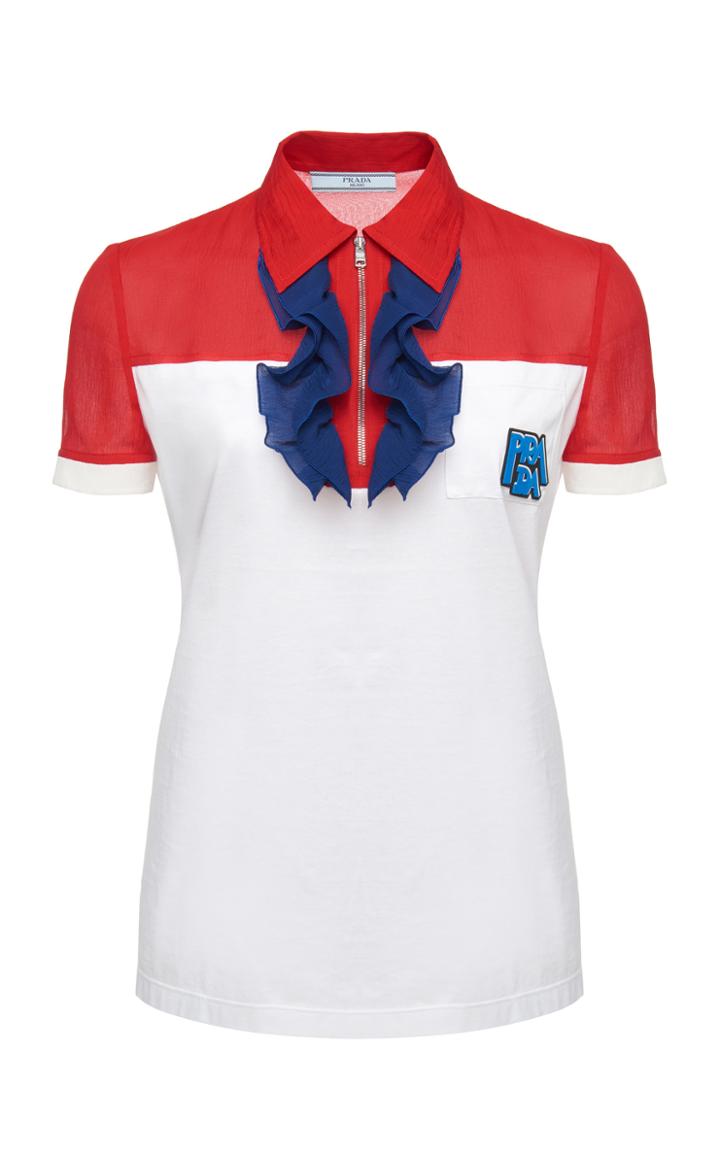 Prada Polo Top With Chiffon Ruffle Accent Size: S