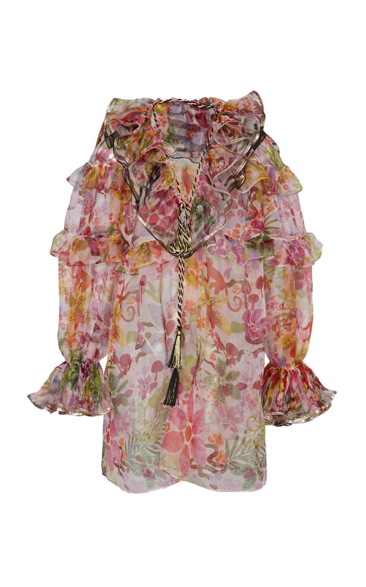 Dundas Printed Ruffled Off-the-shoulder Organza Top Size: 36