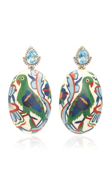 Silvia Furmanovich Marquetry Green Bird Oval Earrings