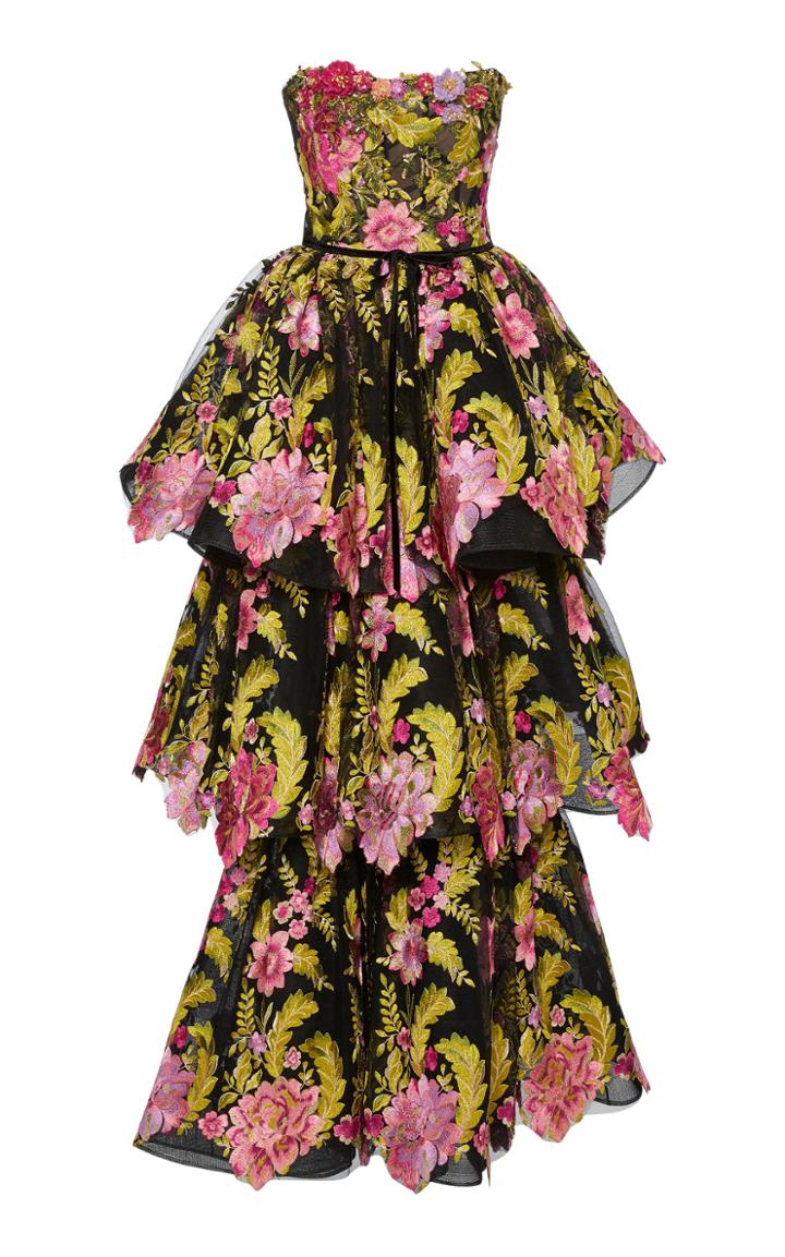 Marchesa Tiered Floral Embroidered Gown