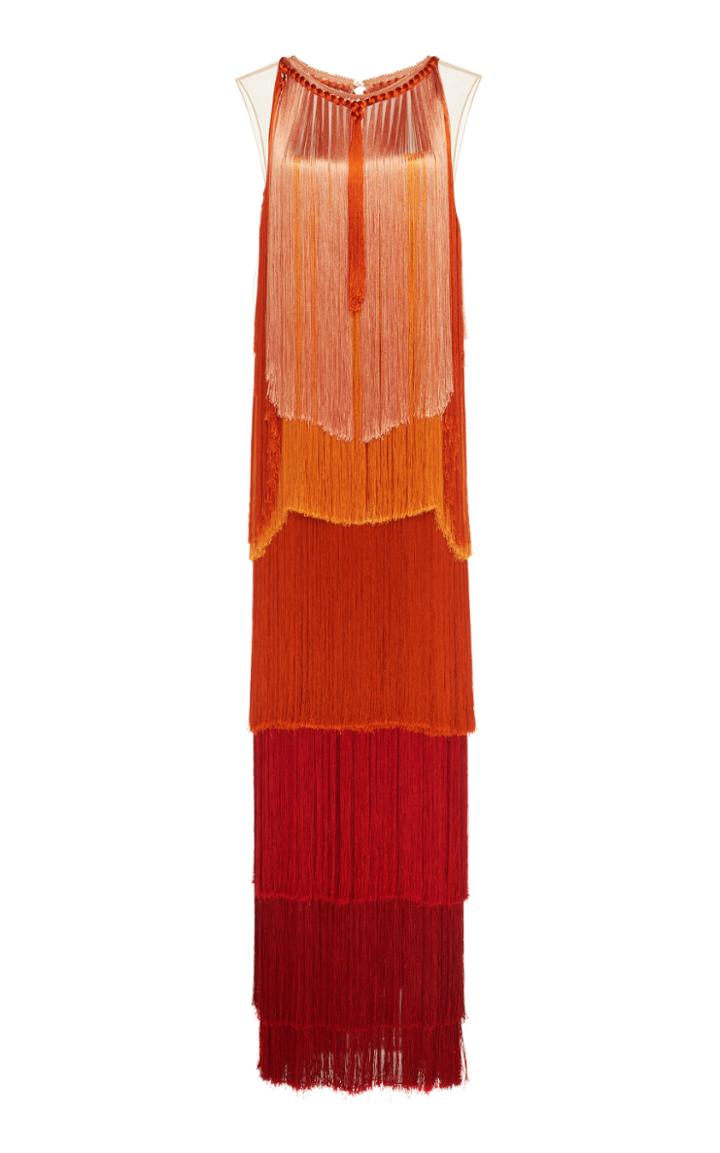 Alberta Ferretti Shaded Chiffon Fringe Maxi Dress