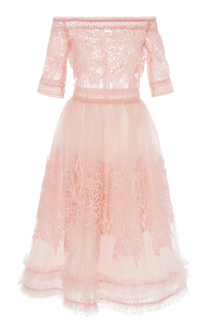Costarellos Off-the-shoulder Tea Length Illusion Dress