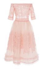 Costarellos Off-the-shoulder Tea Length Illusion Dress