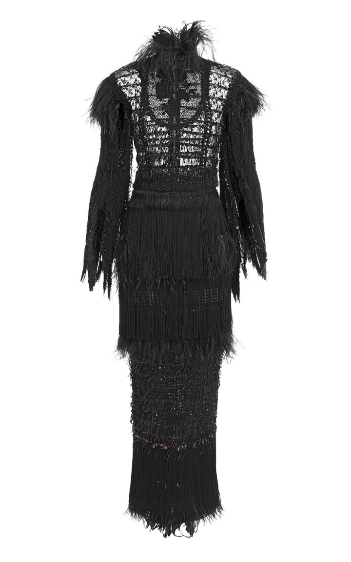 Balmain Fringed Feather-trim Embroidered Gown