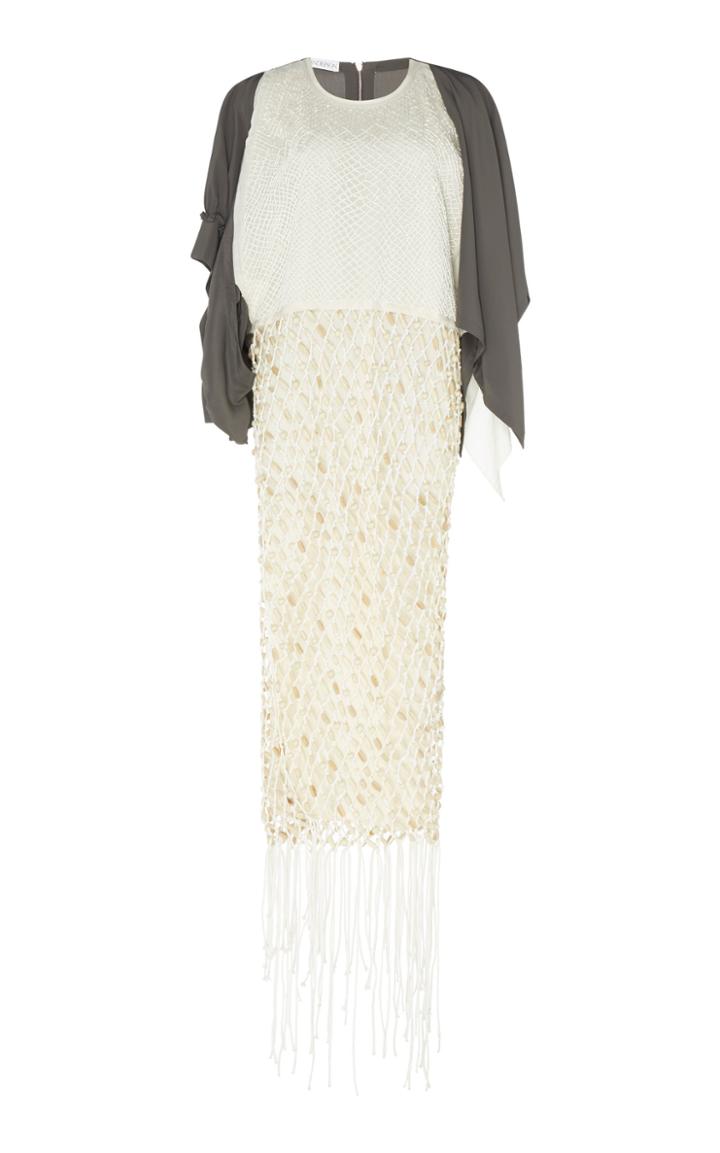 Jw Anderson Fishnet Crepe De Chine Fringe Dress