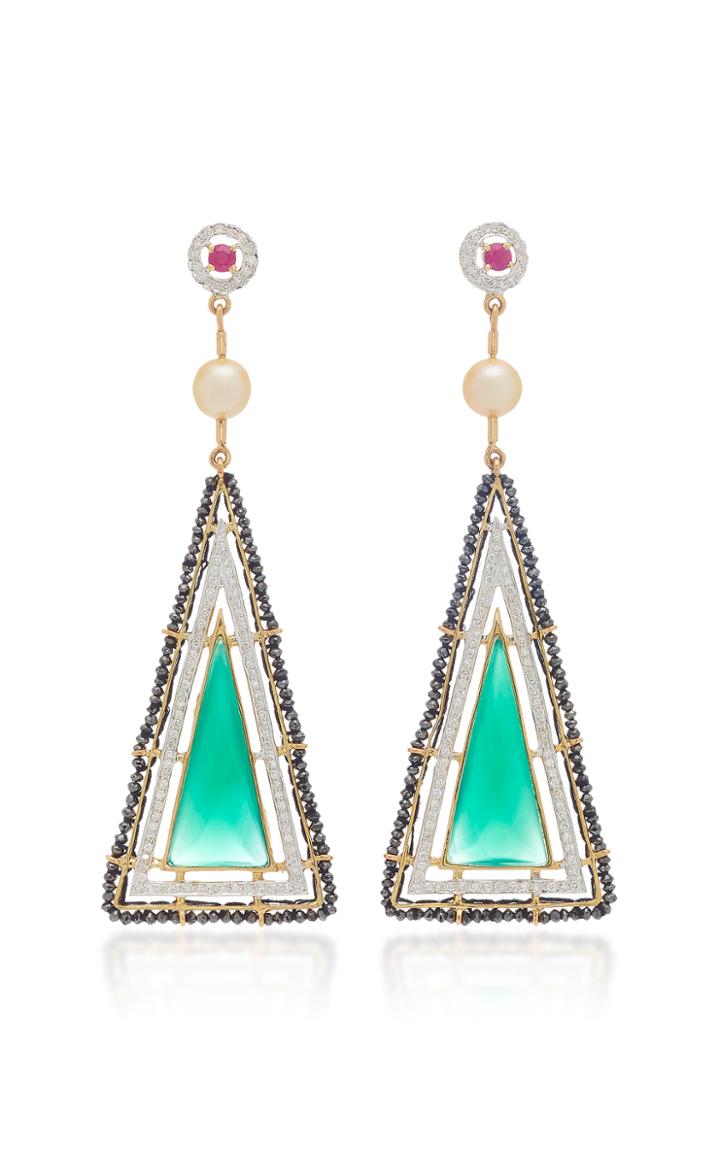 Hanut Singh Green Architectural Triangle Earrings