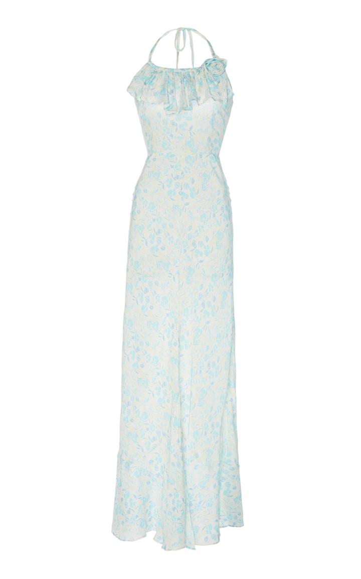 Rixo Kimberley Silk Blend Halter Midaxi Dress With Hem Frill And Rose Detail