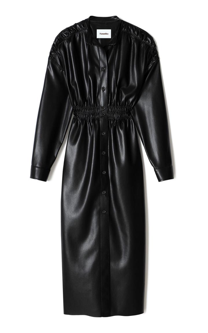 Moda Operandi Nanushka Jayce Ruched Vegan Leather Midi Shirt Dress