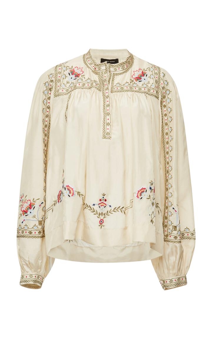 Isabel Marant Dyron Embroidered Balloon Sleeve Silk Blouse