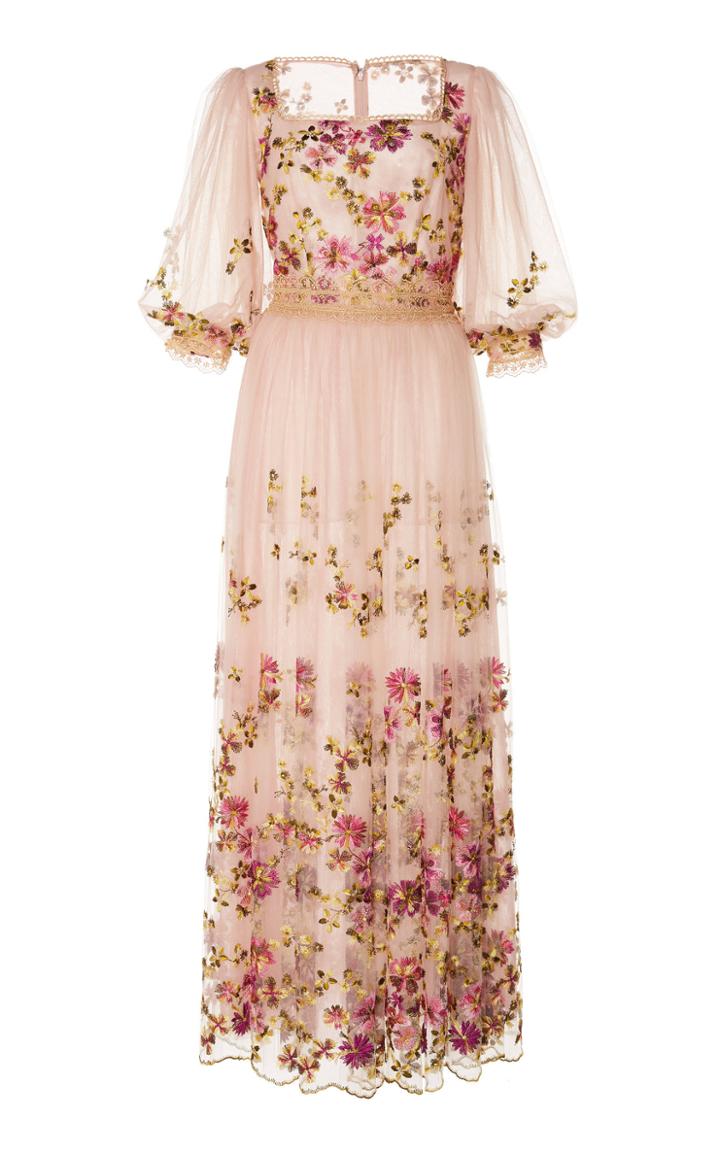 Costarellos Bishop Sleeve Embroidered Tulle Dress