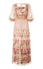 Costarellos Bishop Sleeve Embroidered Tulle Dress