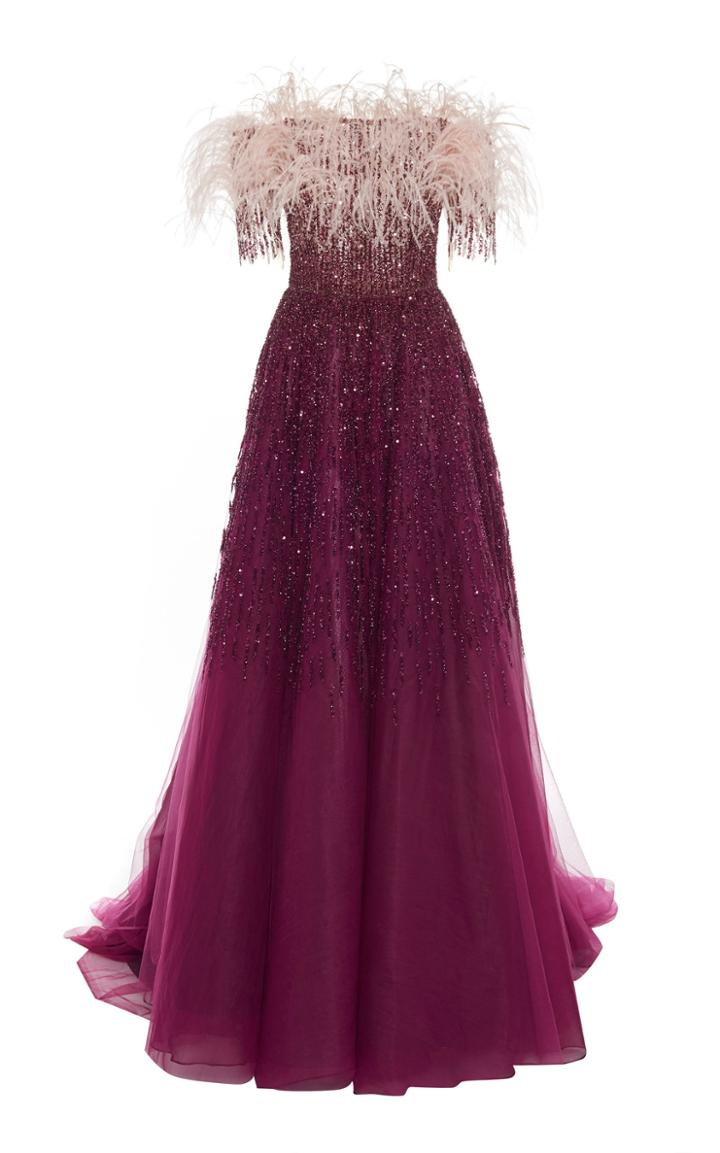 Pamella Roland Strapless Ostrich Feather Embellished Gown