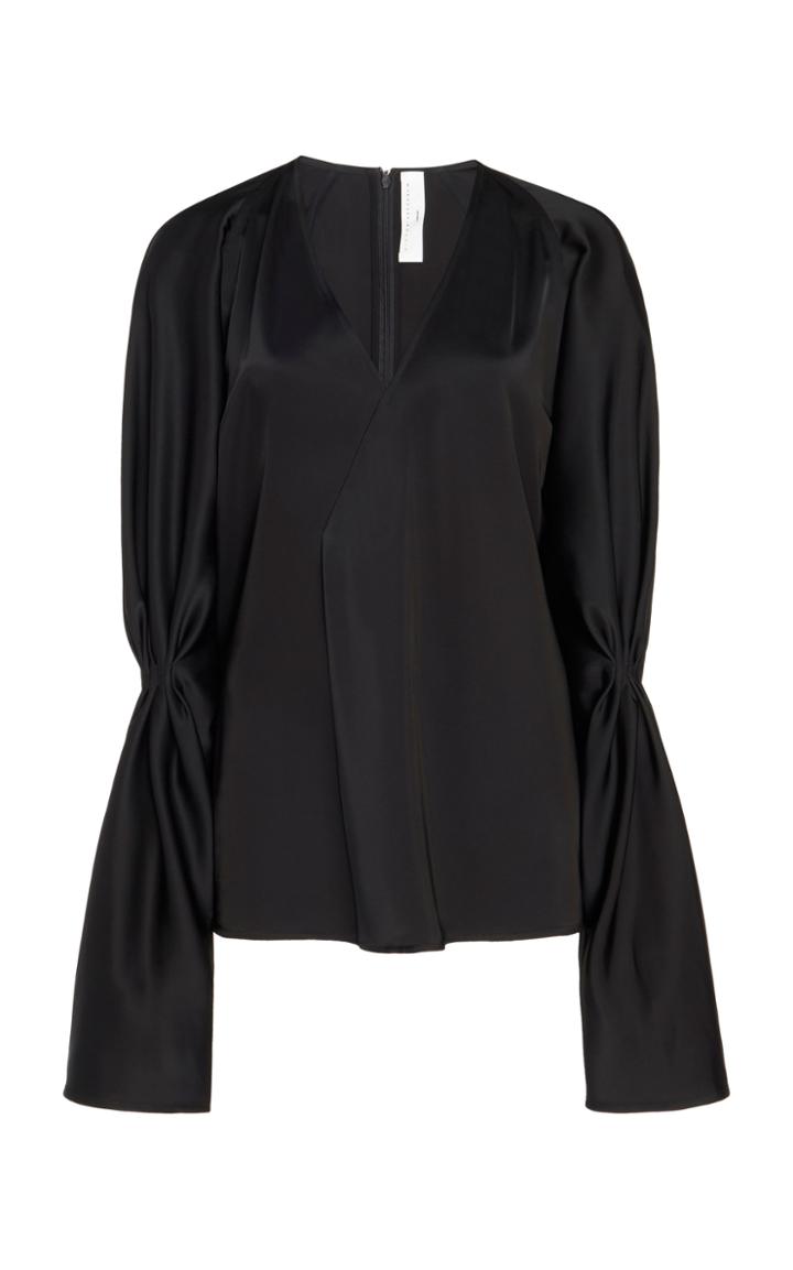 Victoria Beckham Gathered Sleeve Sateen V-neck Blouse