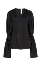 Victoria Beckham Gathered Sleeve Sateen V-neck Blouse