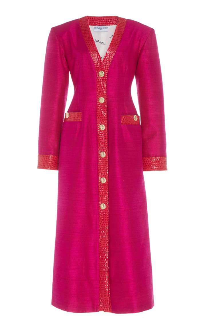 Rowen Rose Long Embossed-faux-leather-trimmed Cardigan Silk Dress