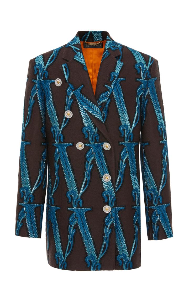 Versace Oversized Double Breasted Embroidered V-printed Twill Jacket