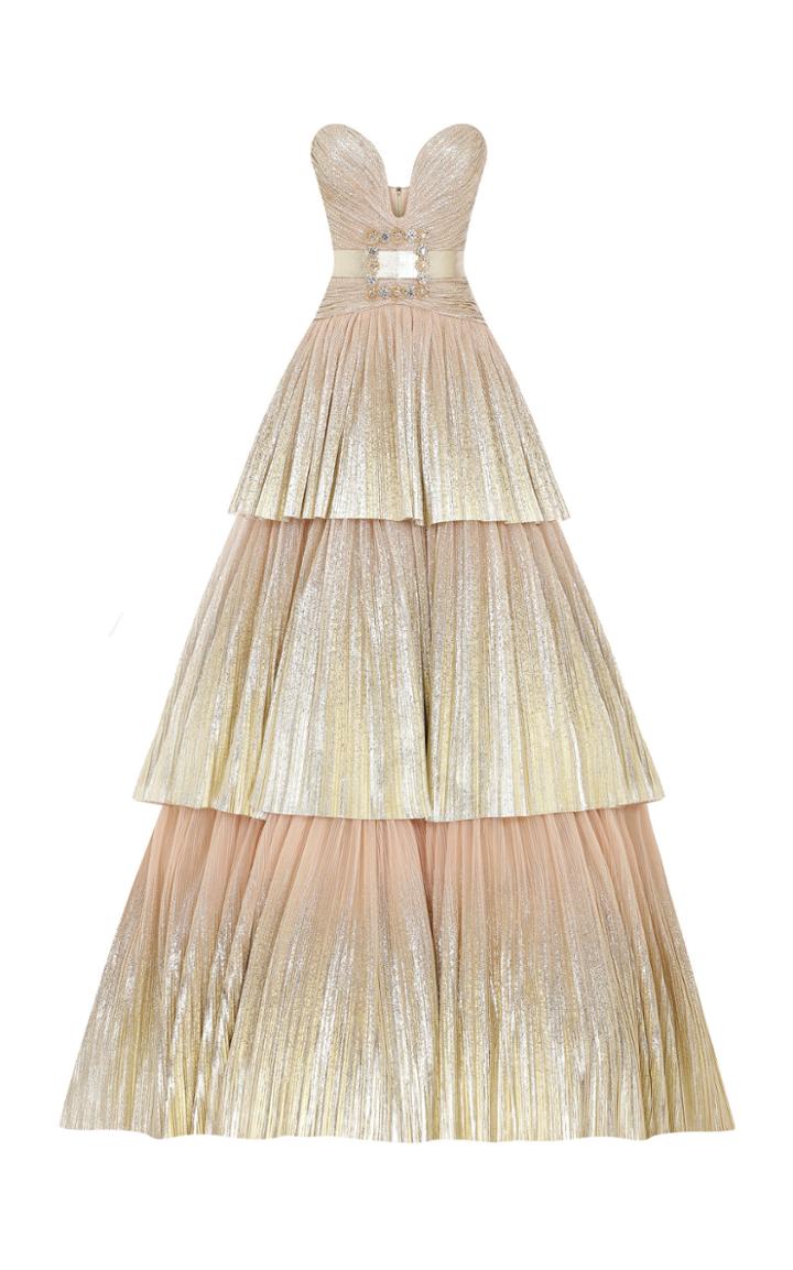 Raisa Vanessa Gold Strapless Layered Maxi Dress With Floral Crystal Buckle