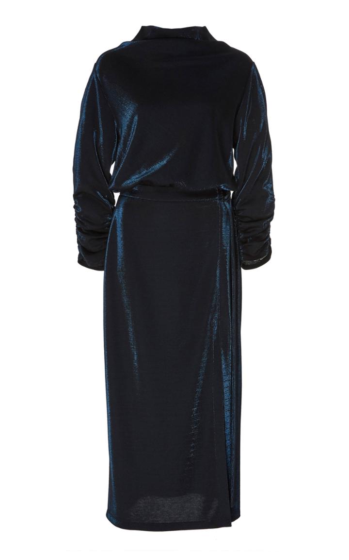 Sally Lapointe Metallic Jersey Mock Neck Dress With Rouched Sleeves