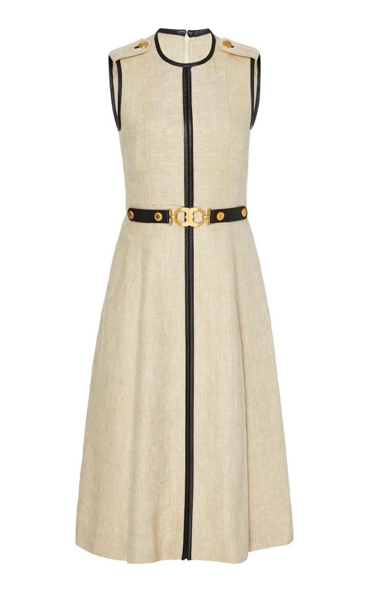 Moda Operandi Tory Burch Leather Trimmed Linen Midi Dress Size: 00