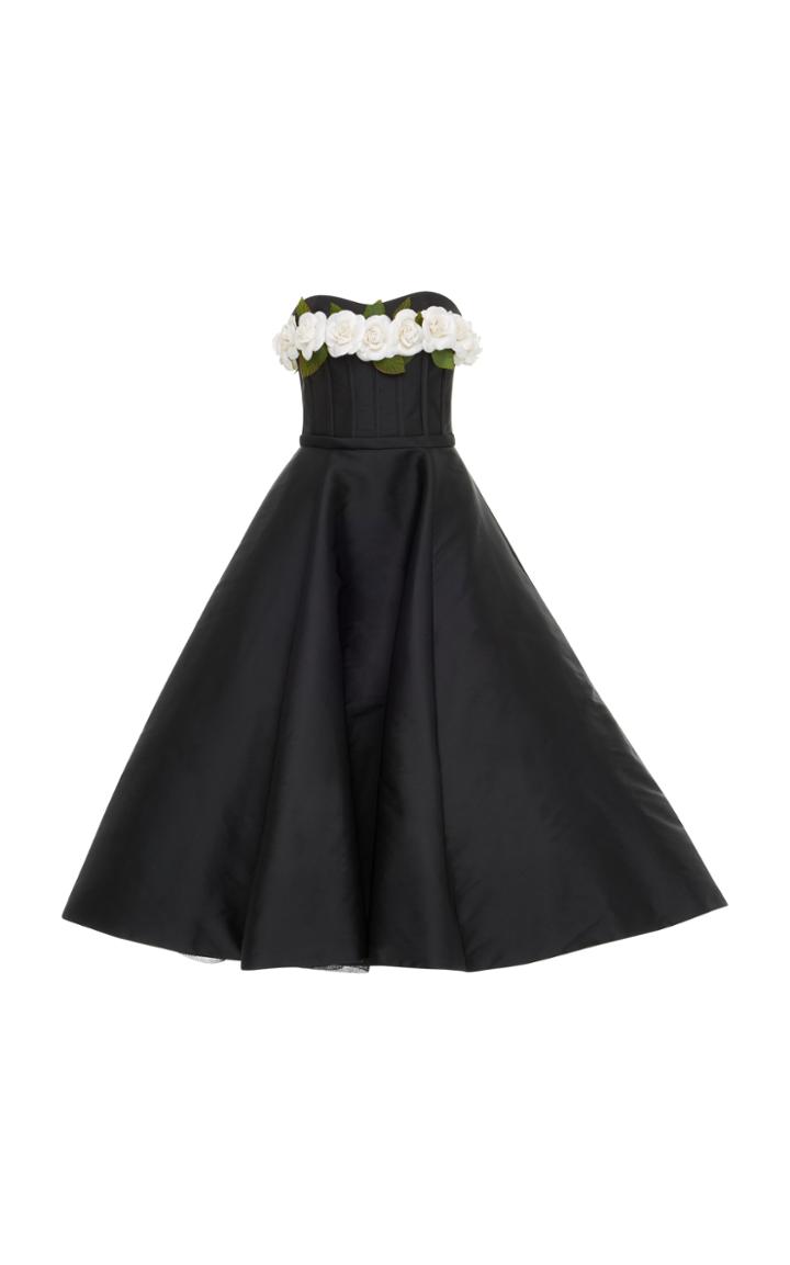 Elizabeth Kennedy Strapless Tea Length Gown With Flower Corset