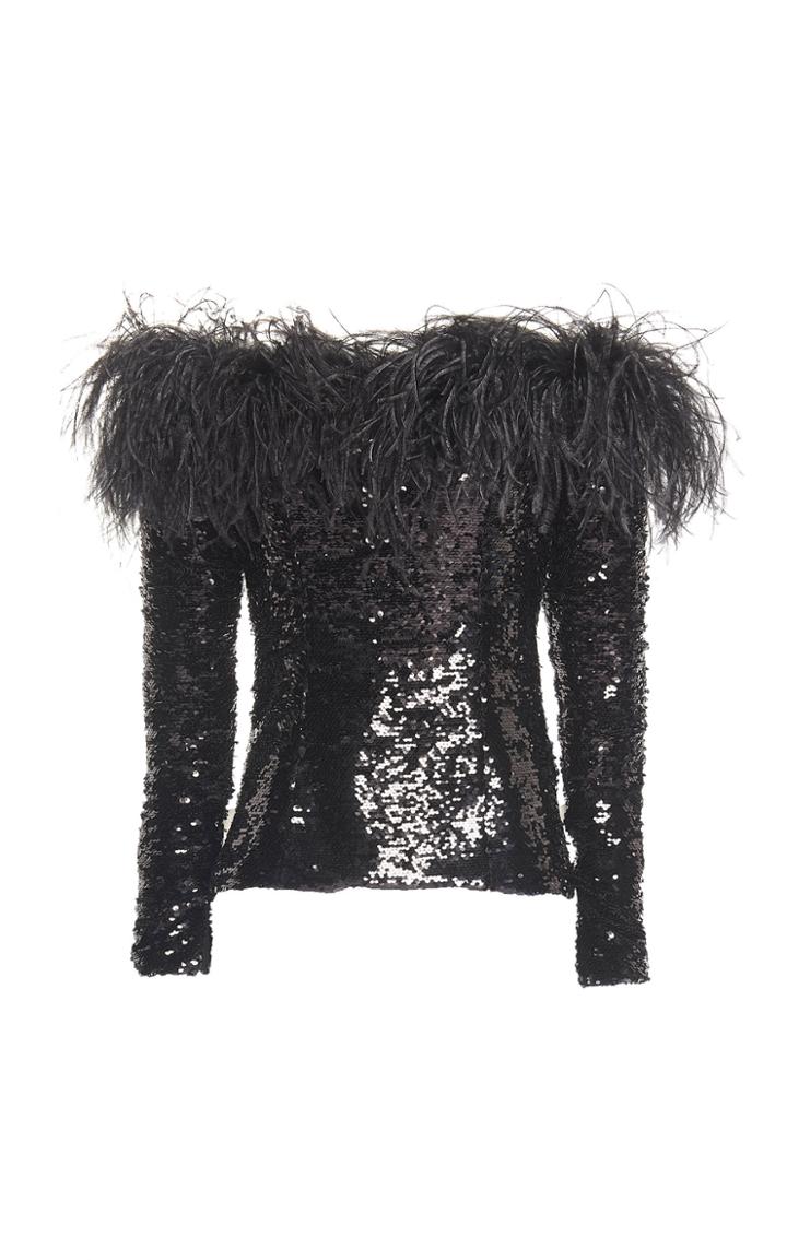 16arlington Off-shoulder Feather-trim Sequin Top