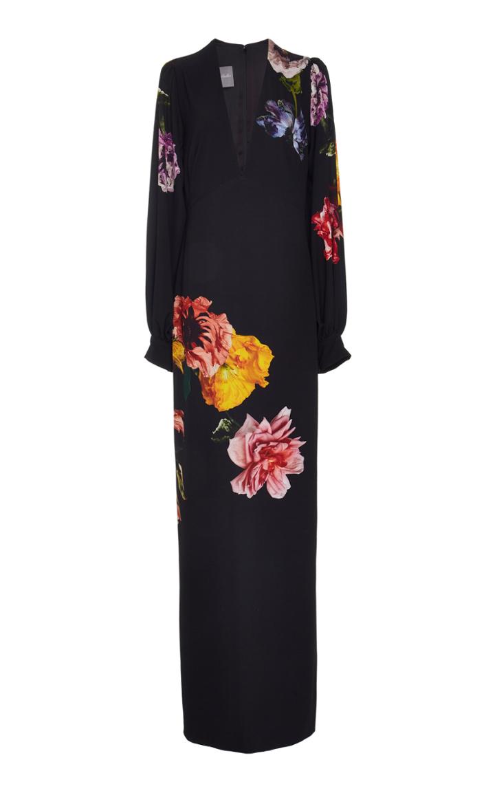 Monique Lhuillier Floral Printed Crepe V-neck Gown