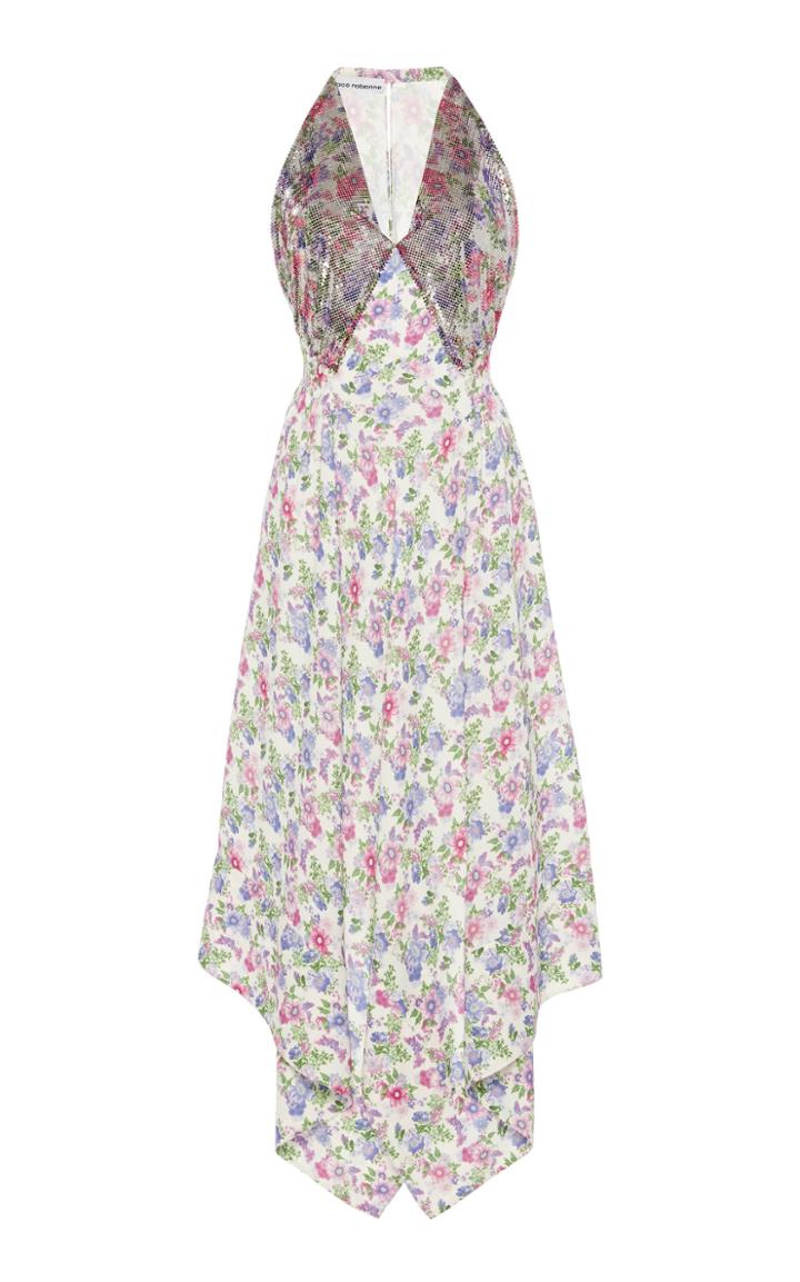 Moda Operandi Paco Rabanne Chainmail-overlay Floral-print Crepe De Chine Midi Dress