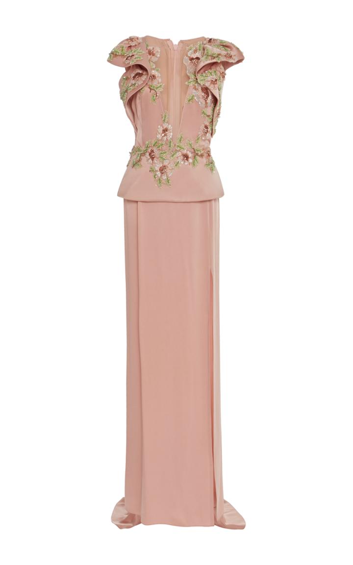 Marchesa V-neck Floral Embroidered Peplum Gown