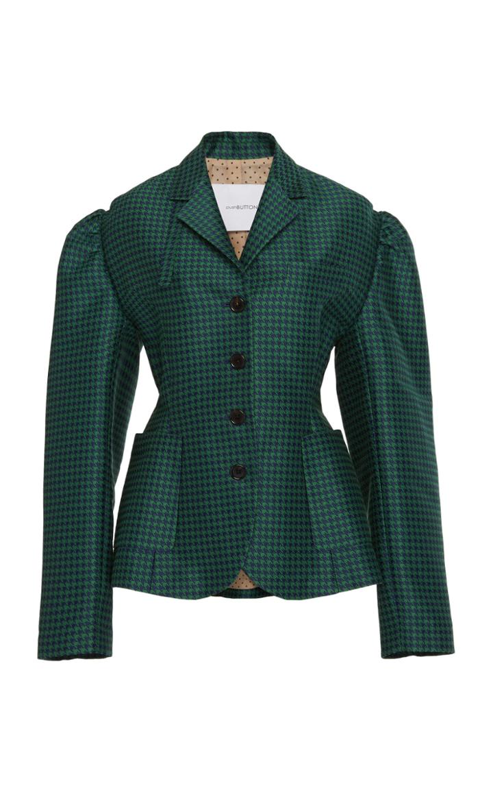 Pushbutton Puff Sleeve Plaid Blazer
