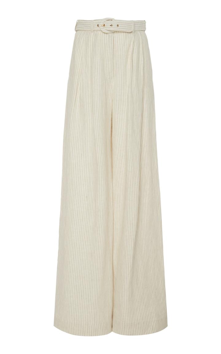 Zimmermann Belted Pinstriped Linen Wide-leg Pants