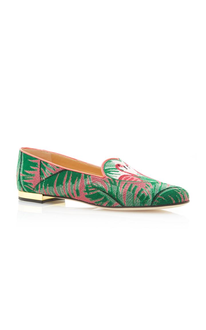Charlotte Olympia M'o Exclusive: Flamingo Embroidered Canvas Slippers